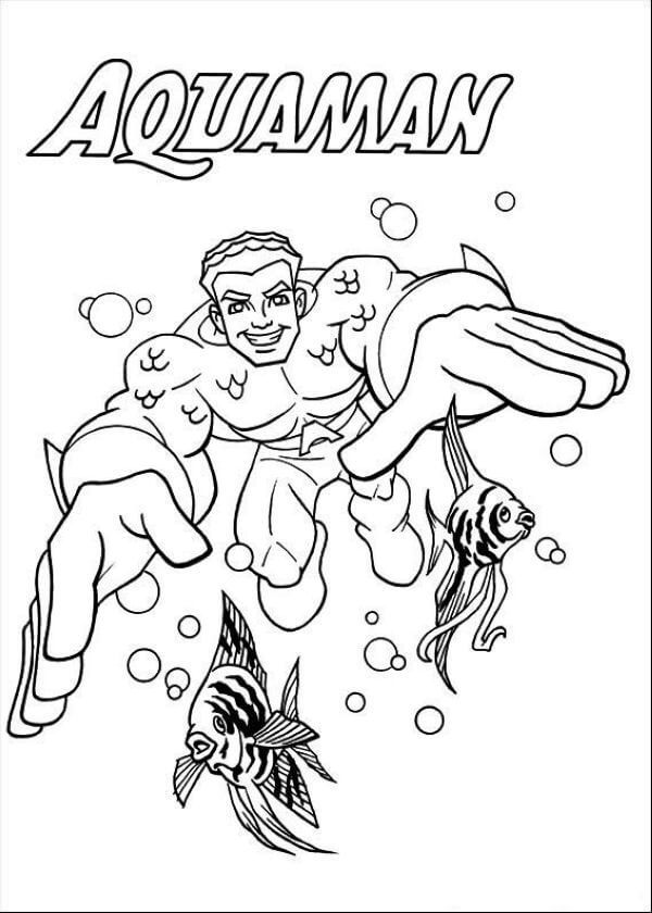 Dibujo de Divertido Aquamán Con dos Peces para Colorear y Imprimir