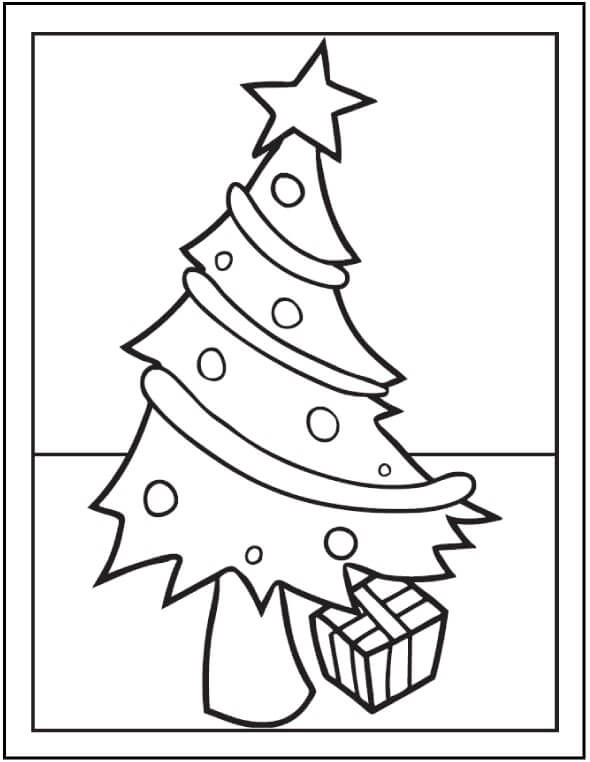 Dibujo de Árbol de Navidad Con Caja de Regalo para Colorear y Imprimir