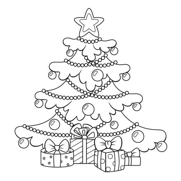 Dibujo de Árbol de Navidad Con Cajas de Regalo para Colorear y Imprimir