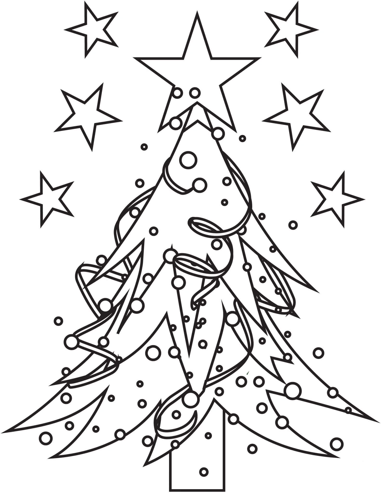 Dibujo de Árbol de Navidad Con Estrellas para Colorear y Imprimir