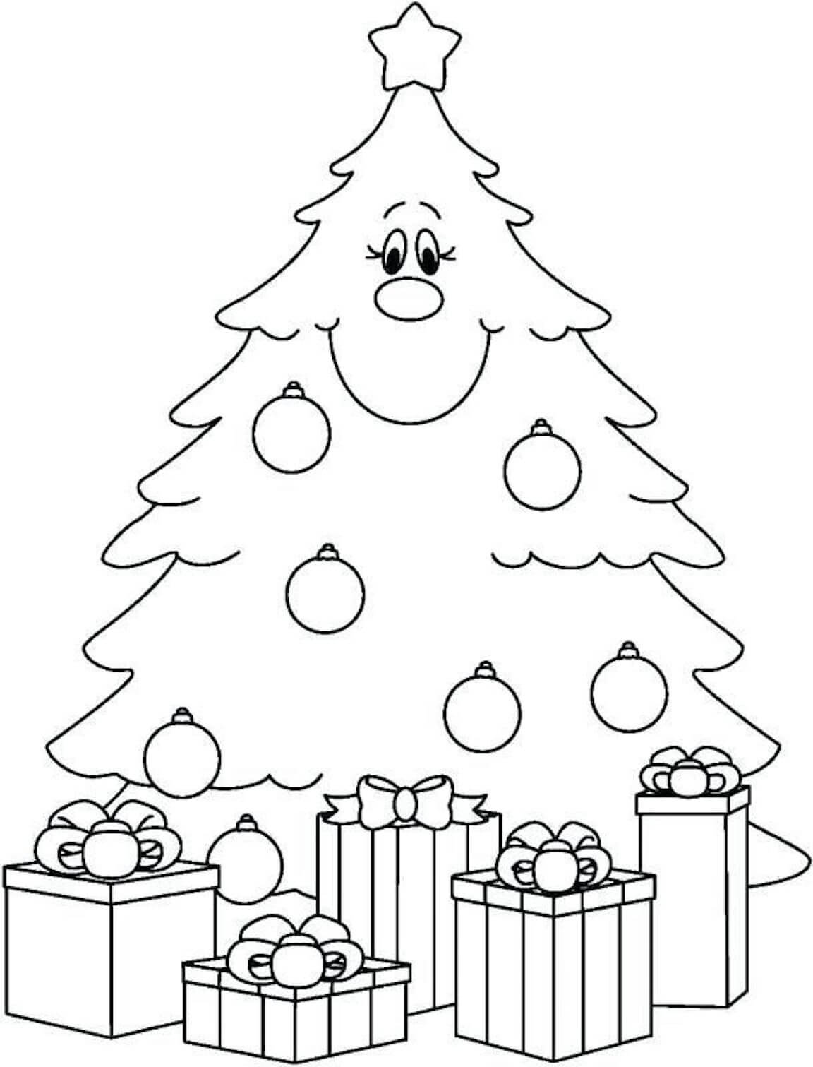 Dibujo de Árbol de Navidad Sonriente Con Cajas de Regalo para Colorear y Imprimir