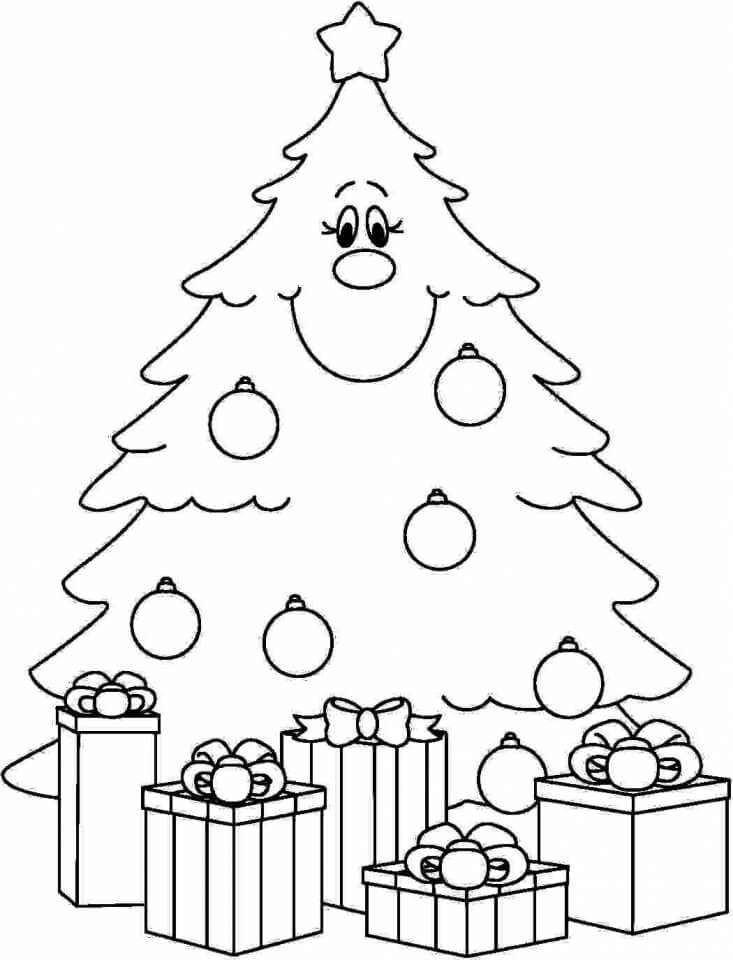 Dibujo de Árbol de Navidad Sonriente para Colorear y Imprimir