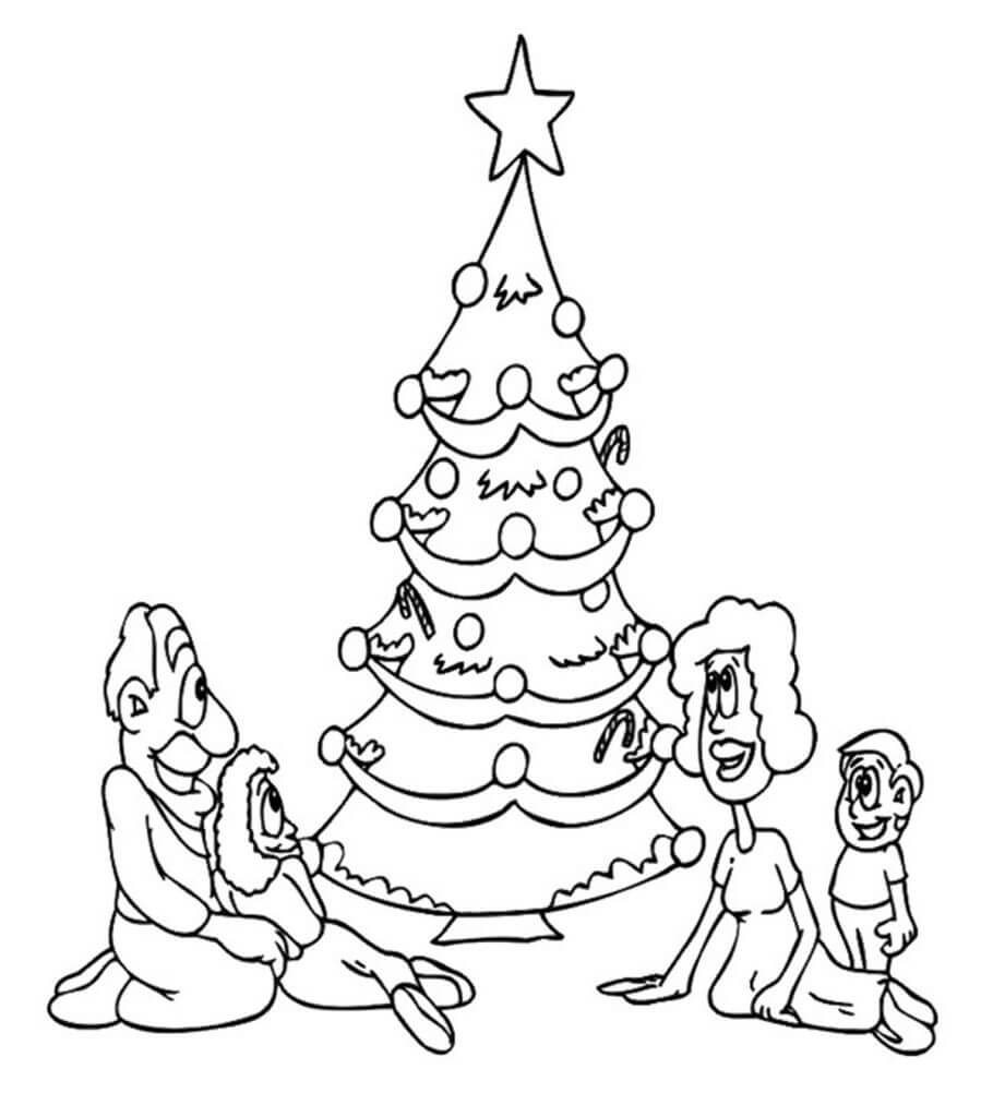 Dibujo de Árbol de Navidad y Familia para Colorear y Imprimir