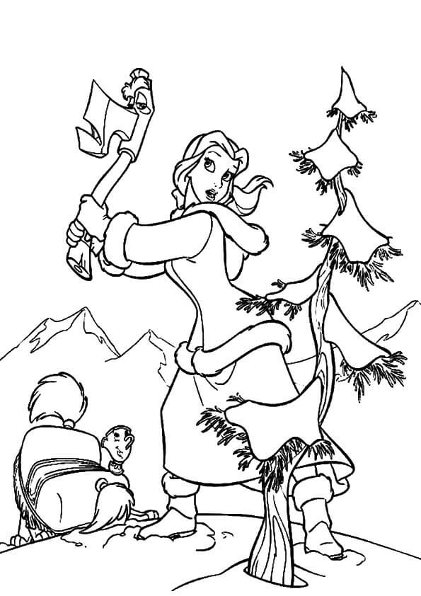Dibujo de Belle Cortando El Árbol de Navidad para Colorear y Imprimir