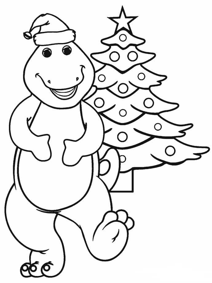 Dibujo de Dinosaurio de Dibujos Animados Con Árbol de Navidad para Colorear y Imprimir