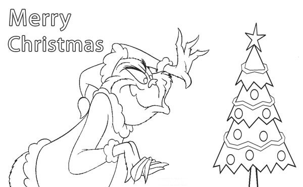 Dibujo de Grinch Con Pequeño Árbol de Navidad para Colorear y Imprimir