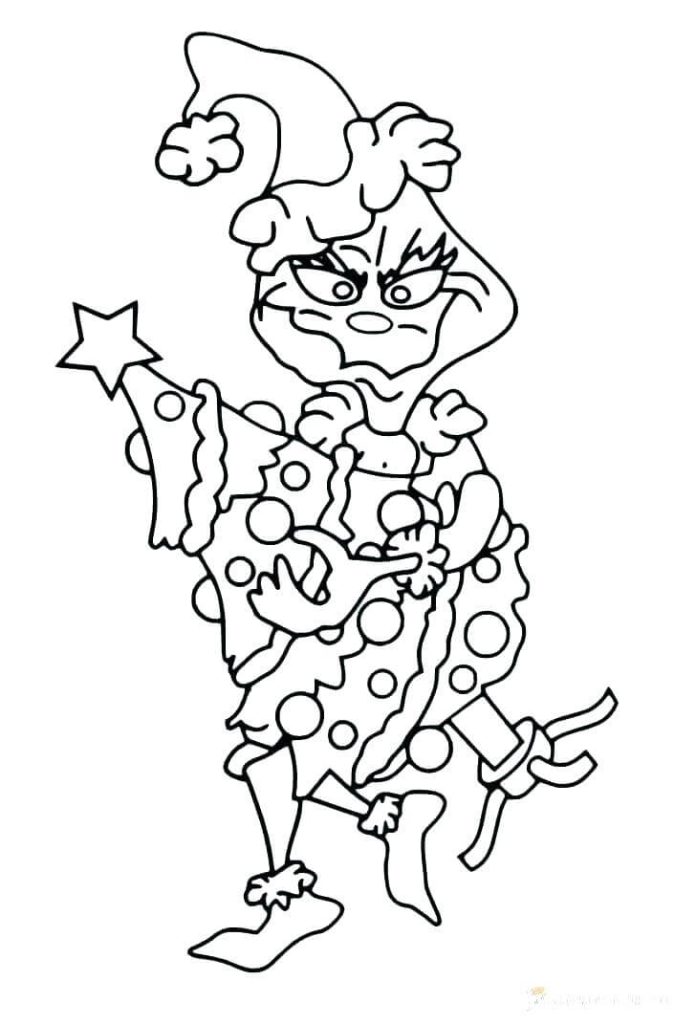 Dibujo de Grinch Sostiene El Árbol de Navidad para Colorear y Imprimir