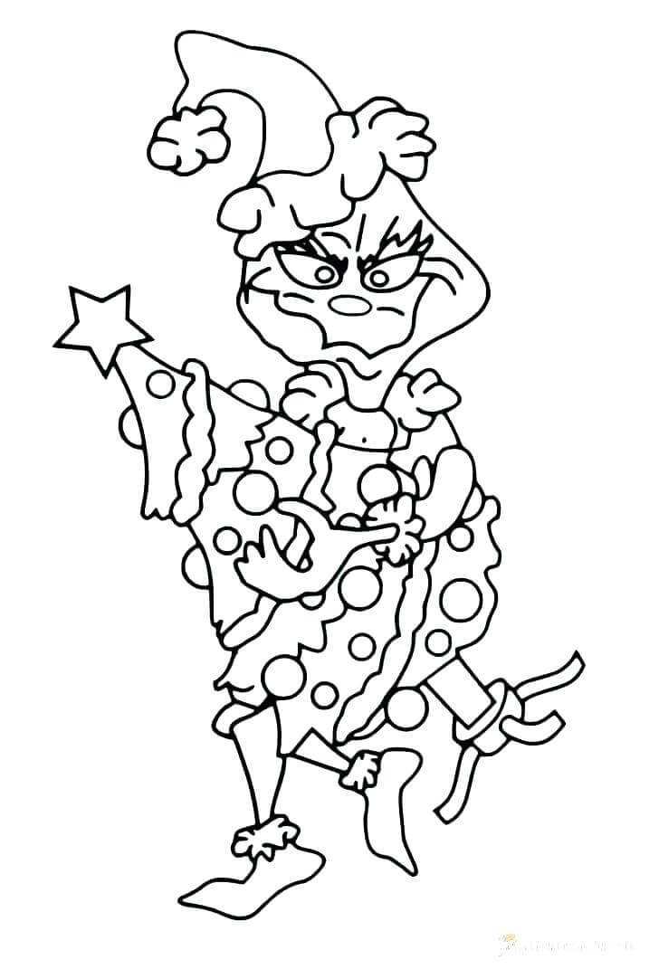 Dibujo de Grinch Sostiene El Árbol de Navidad para Colorear y Imprimir