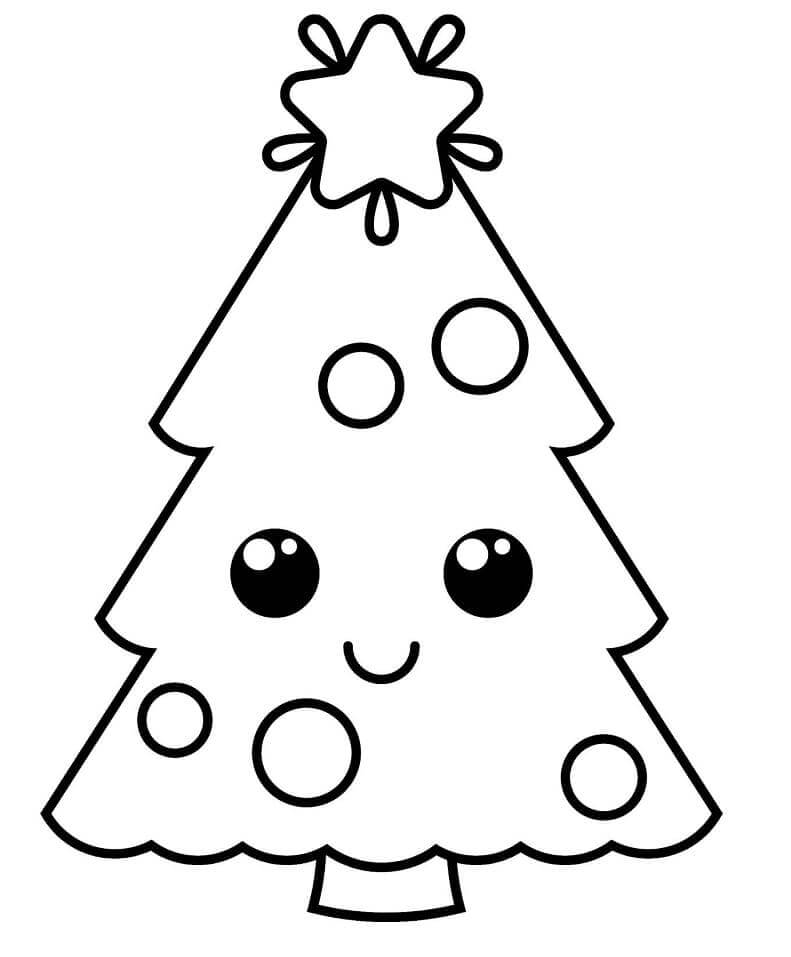 Dibujo de Lindo Árbol de Navidad Sonriente para Colorear y Imprimir