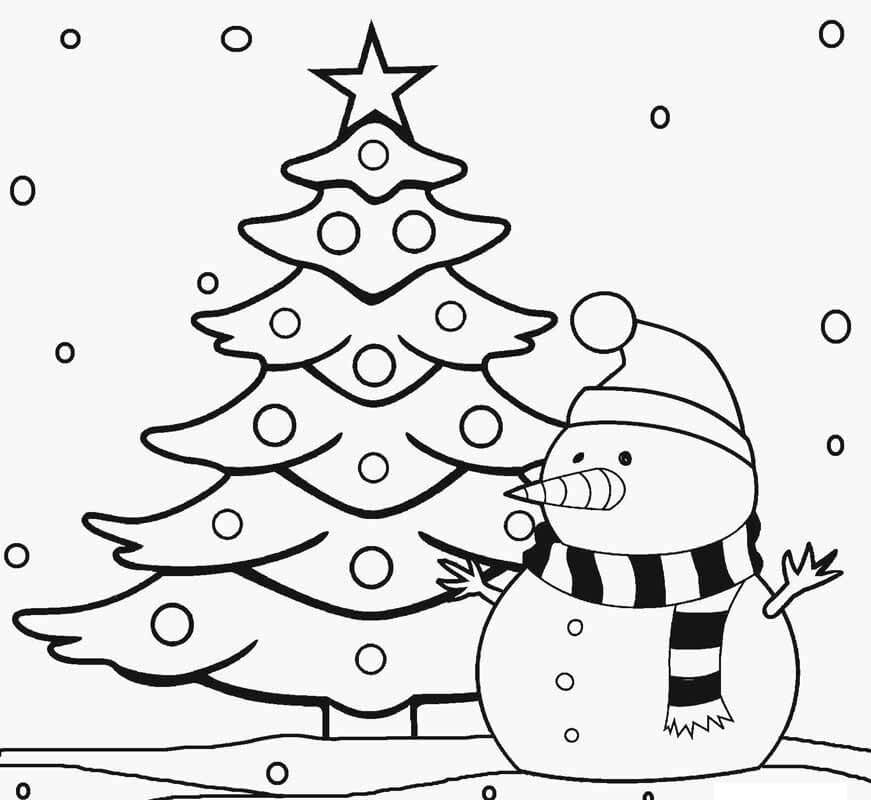 Dibujo de Muñeco de Nieve Árbol de Navidad para Colorear y Imprimir