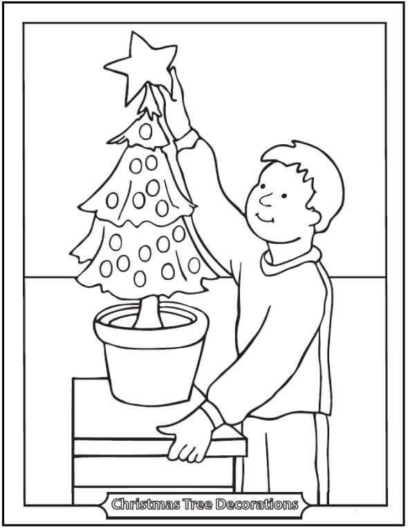 Dibujo de Niño Decorando El Árbol de Navidad para Colorear y Imprimir