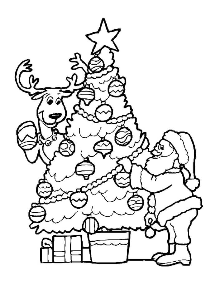 Dibujo de Papá Noel y Árbol de Navidad Con Reno para Colorear y Imprimir