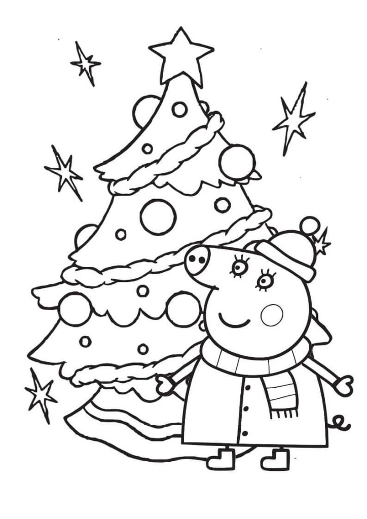 Dibujo de Peppa Pig Con Árbol de Navidad para Colorear y Imprimir