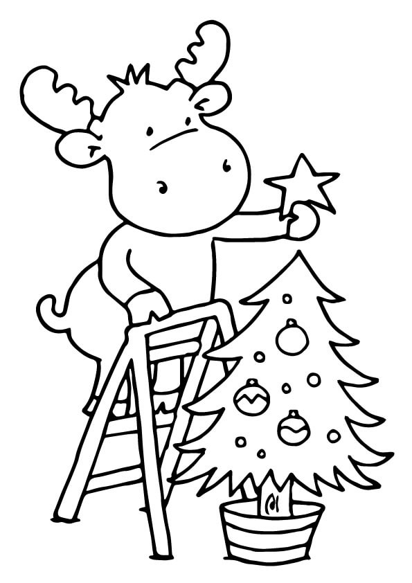 Dibujo de Reno Cuelga Una Estrella En El Árbol de Navidad para Colorear y Imprimir