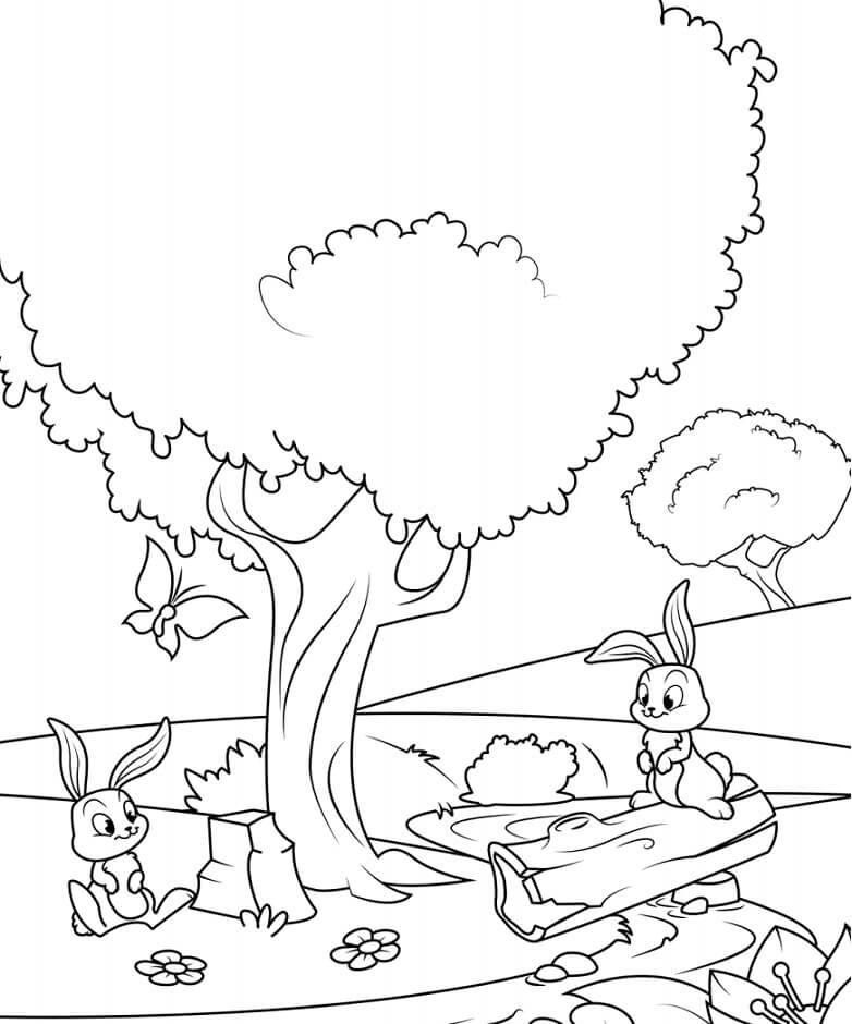 Dibujo de Conejos Bajo El Árbol para Colorear y Imprimir