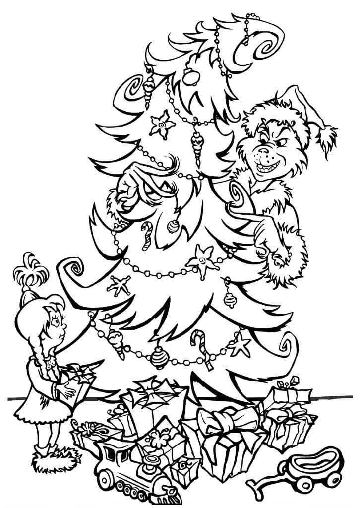 Dibujo de Grinch Decora El Árbol de Navidad para Colorear y Imprimir