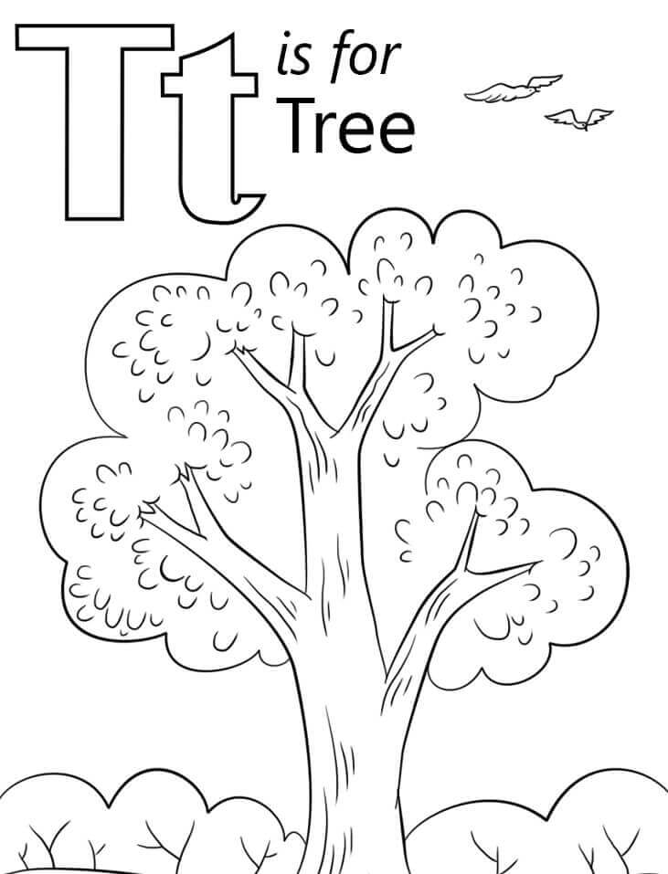 Dibujo de Letra de Árbol T para Colorear y Imprimir
