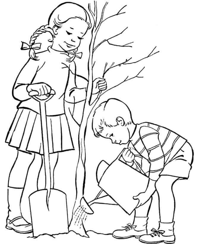 Dibujo de Niños Plantando Árboles para Colorear y Imprimir