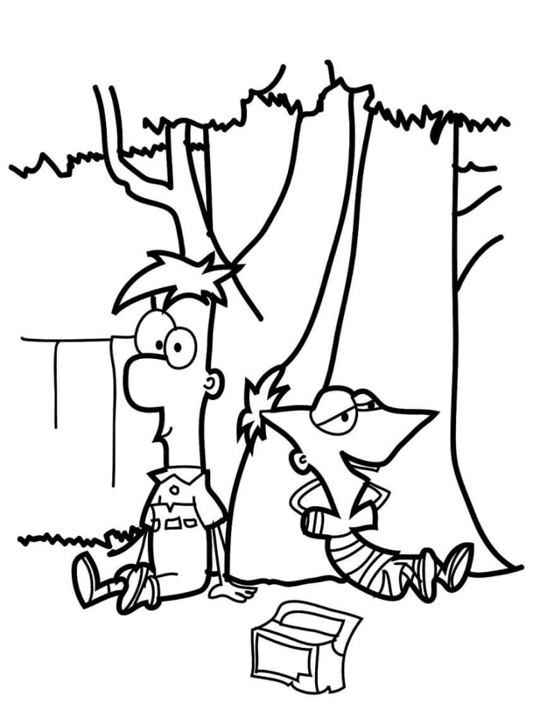 Dibujo de Phineas y Ferb Bajo El Árbol 2 para Colorear y Imprimir