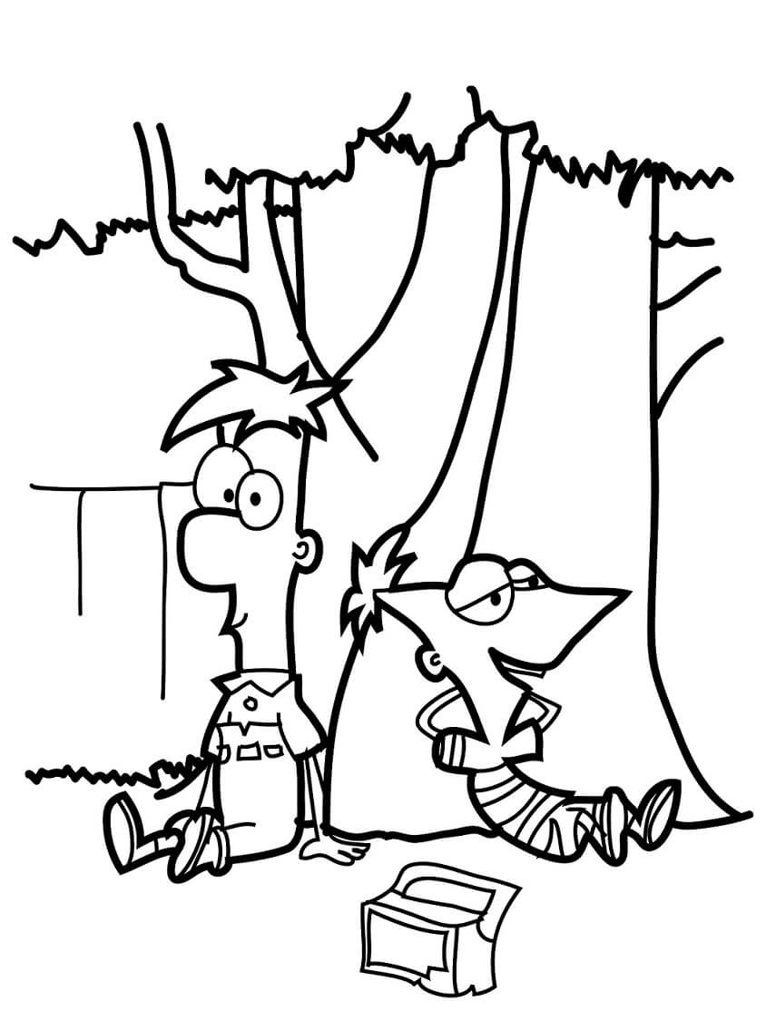 Dibujo de Phineas y Ferb Bajo El Árbol 2 para Colorear y Imprimir