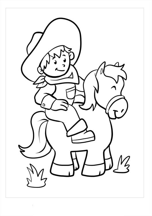 Dibujo de Pequeño Vaquero Equitación Caballo 1 para Colorear y Imprimir