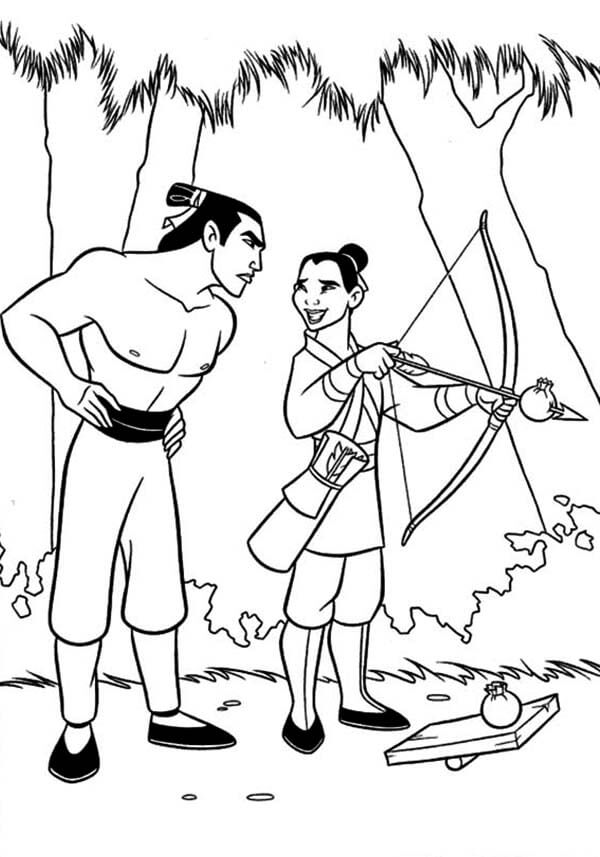 Dibujo de Tiro Con Arco de Mulan y Li Shang para Colorear y Imprimir