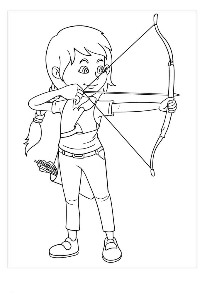 Dibujo de Tiro Con Arco de Niña Sonriente para Colorear y Imprimir