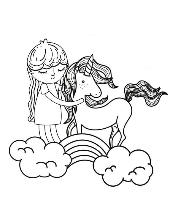 Dibujo Chica Con Unicornio En Arcoiris Para Colorear