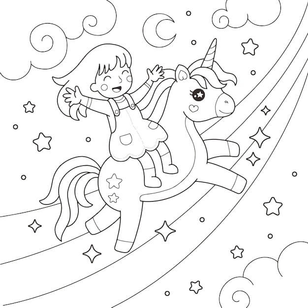 Dibujo Chica En Un Unicornio Volando Sobre Un Arcoiris Para Colorear