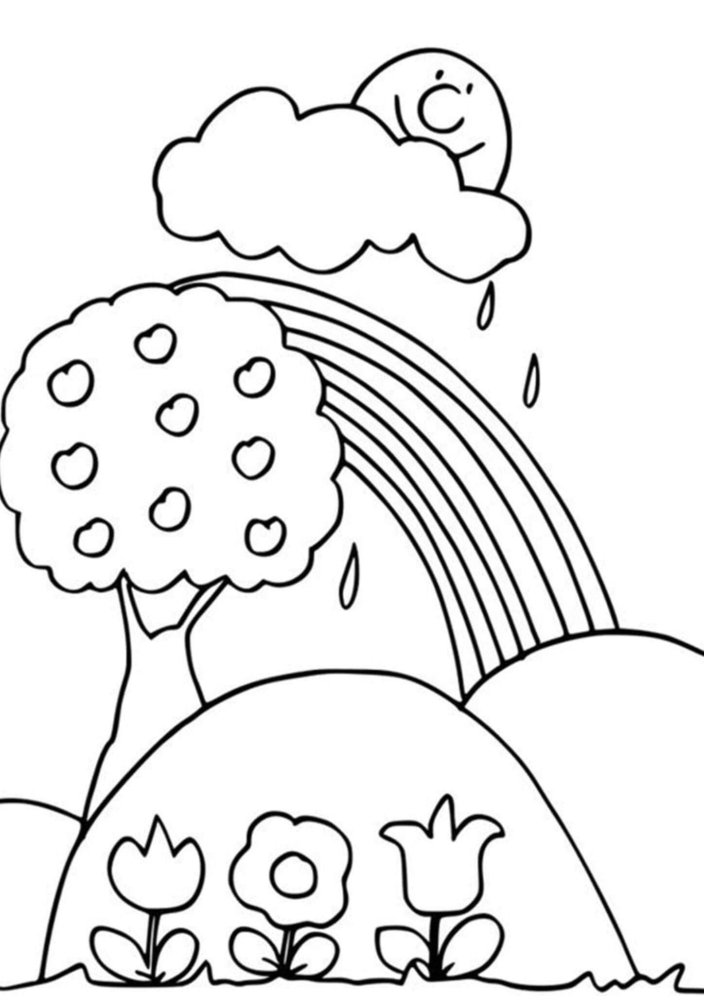 Dibujo de Arcoíris Con Árbol y Flores para Colorear y Imprimir