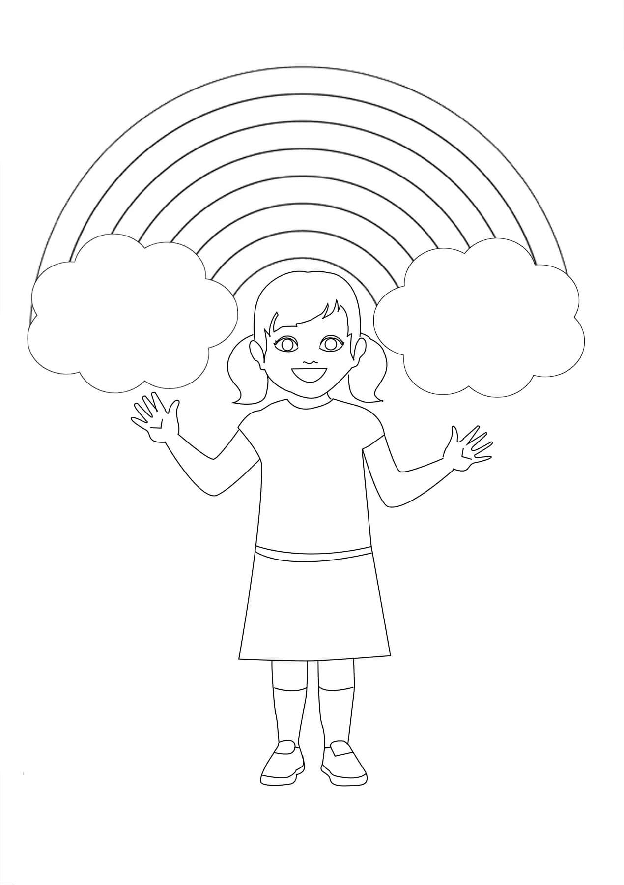 Dibujo de Chica Divertida Con Arcoíris para Colorear y Imprimir