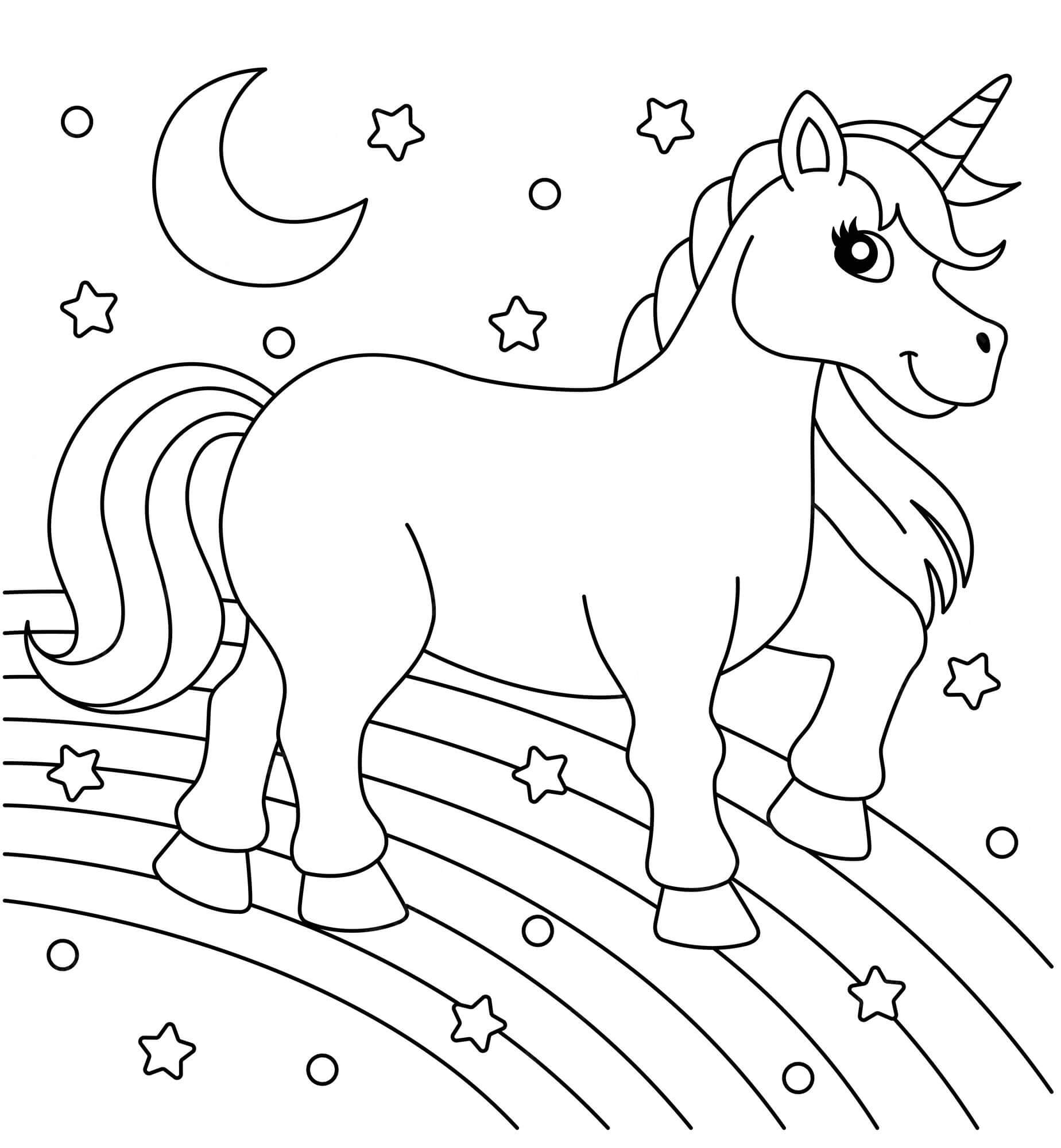 Dibujo de Unicornio Caminando sobre El Arcoíris para Colorear y Imprimir