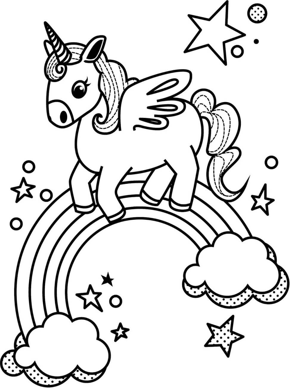Dibujo de Unicornio En Arcoíris Con Estrellas para Colorear y Imprimir