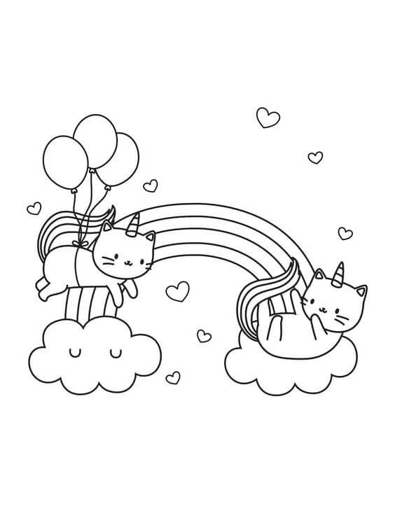 Dibujo Dos Gatos Unicornio Con Arcoiris Para Colorear
