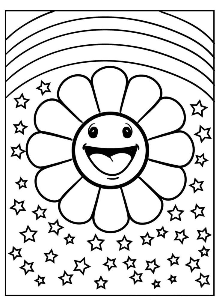 Dibujo Flor Divertida Con Arcoiris Y Estrellas Para Colorear