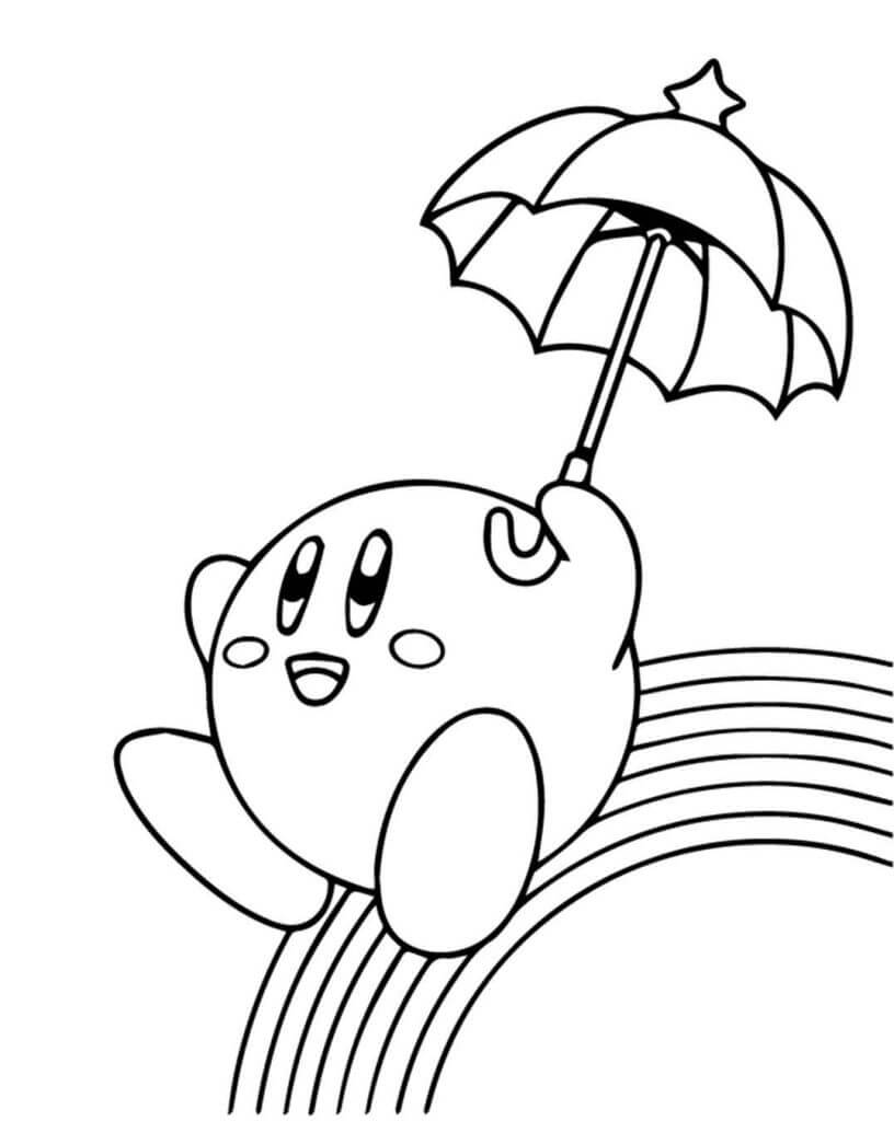 Dibujo Kirby Sosteniendo Paraguas Con Arcoiris Para Colorear