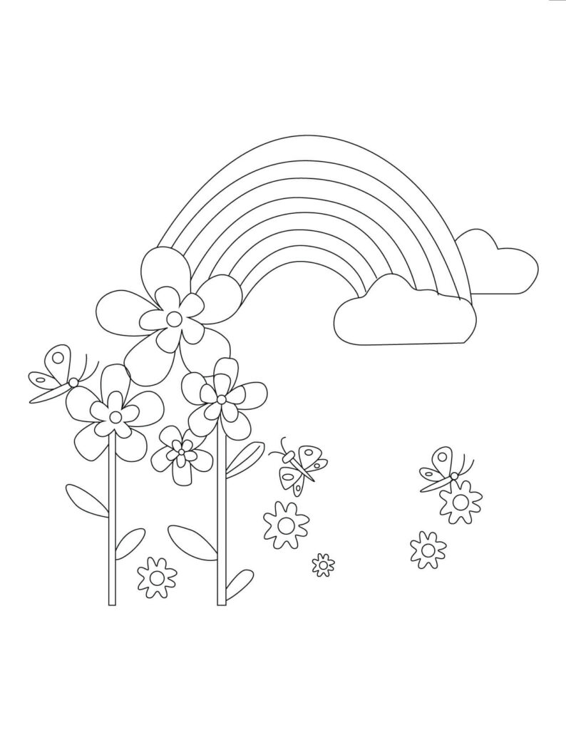 Dibujo Mariposas Con Flores Y Arcoiris Para Colorear