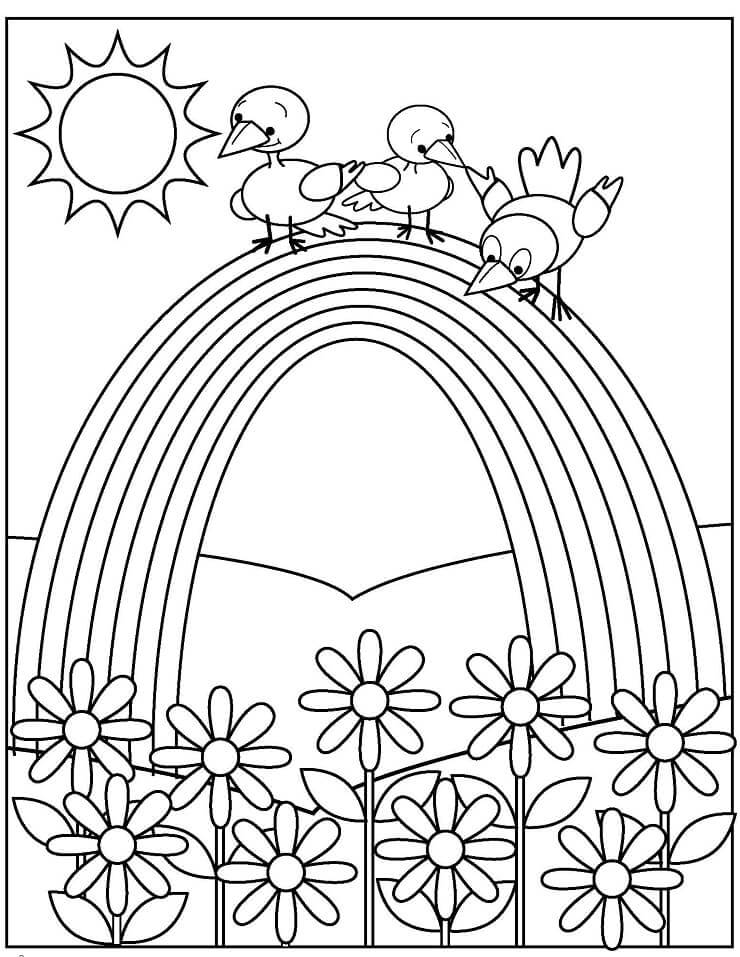 Dibujo Tres Pajaros En El Arcoiris Con Flores Para Colorear