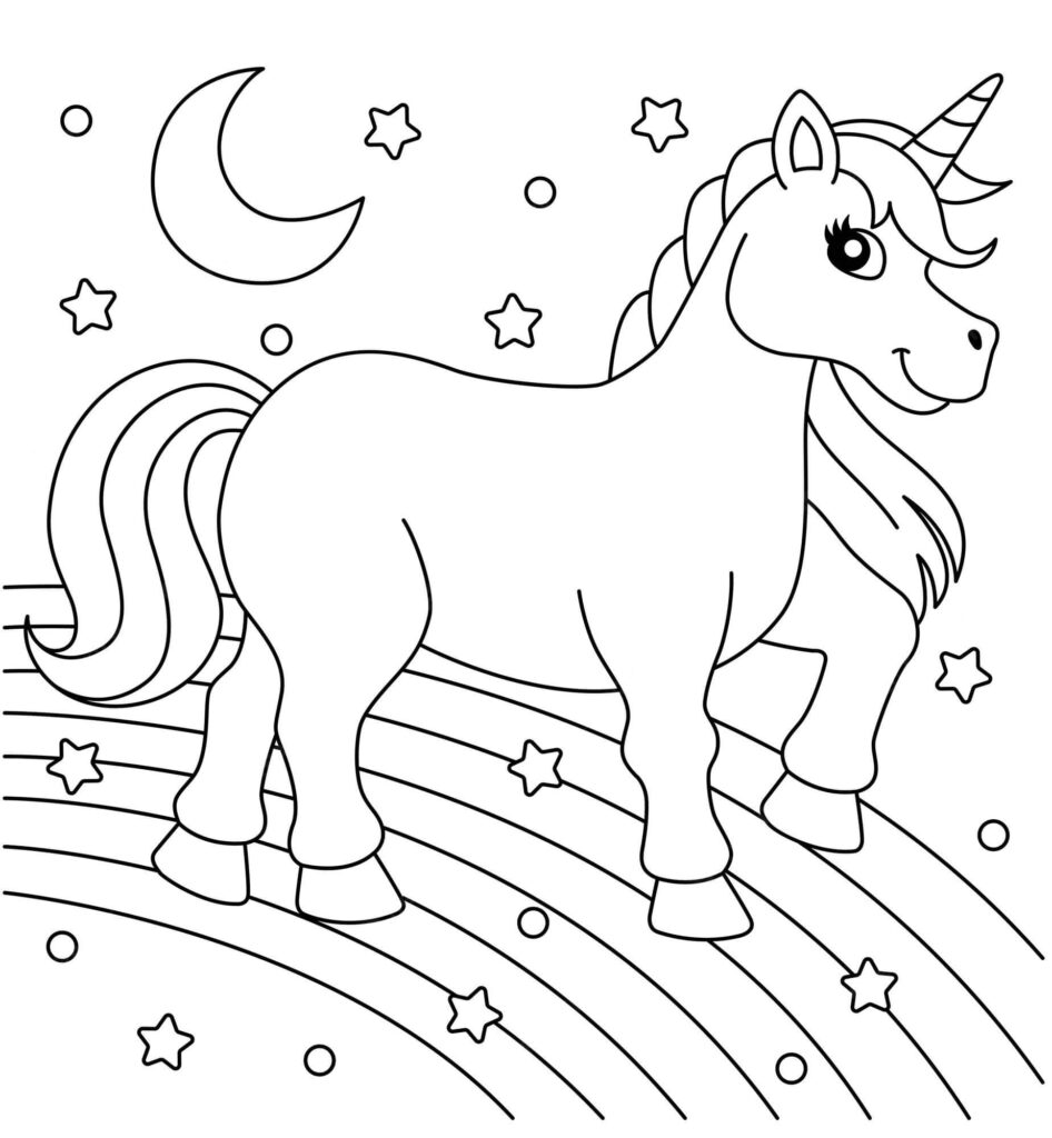 Dibujo Unicornio Caminando Sobre El Arcoiris Para Colorear
