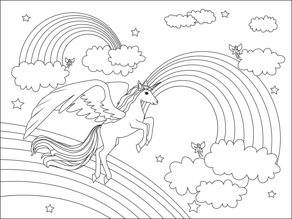 Dibujo Unicornio Con Tres Arcoiris Y Nubes Para Colorear