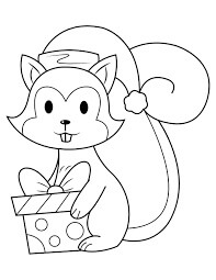 Dibujo de Ardilla Con Caja de Gif En Navidad para Colorear y Imprimir