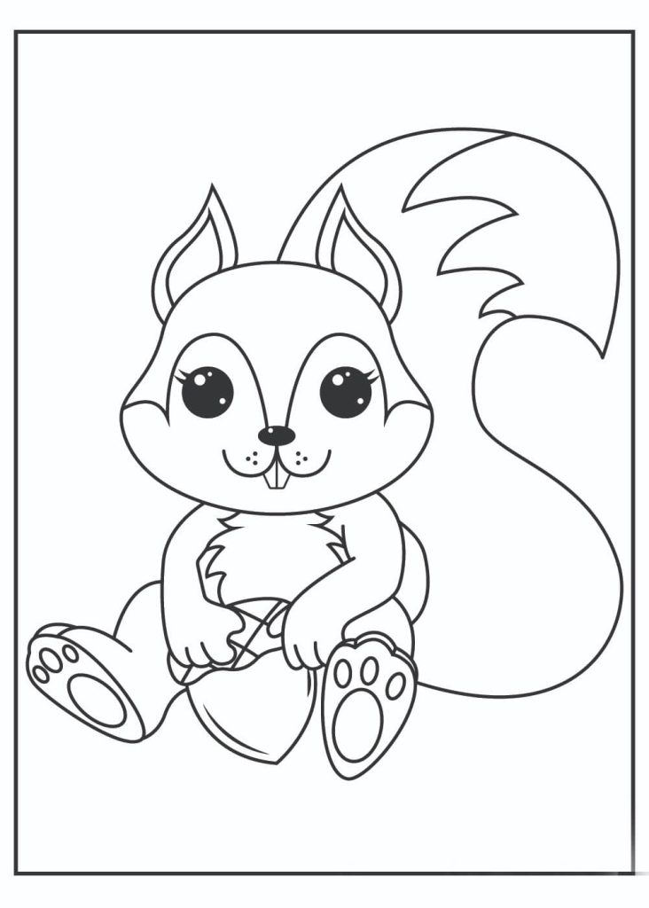 Dibujo de Ardilla Sentada y Bellota para Colorear y Imprimir