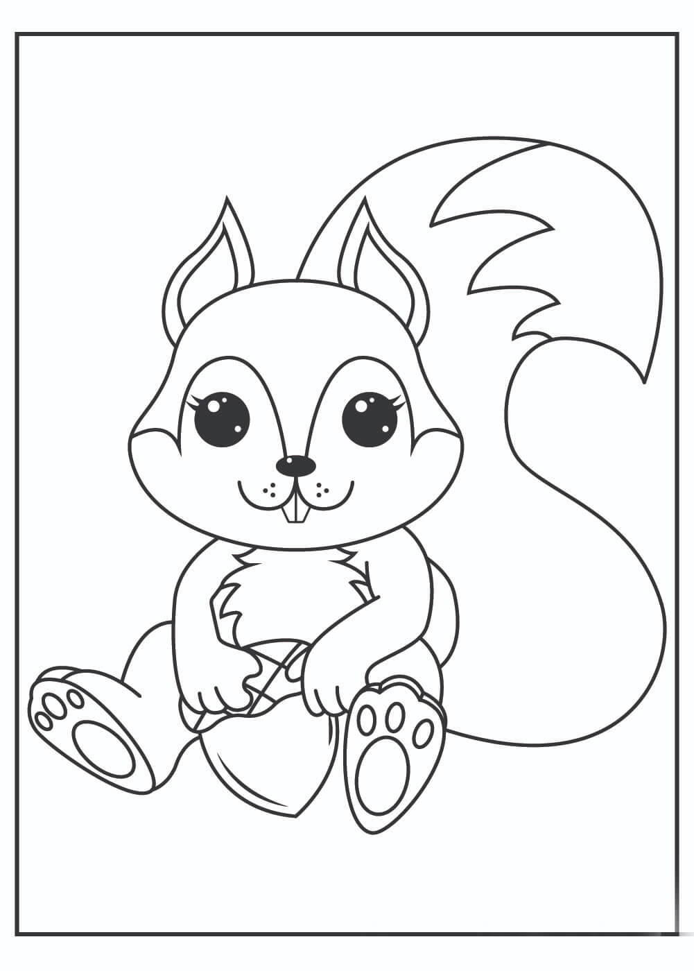 Dibujo de Ardilla Sentada y Bellota para Colorear y Imprimir