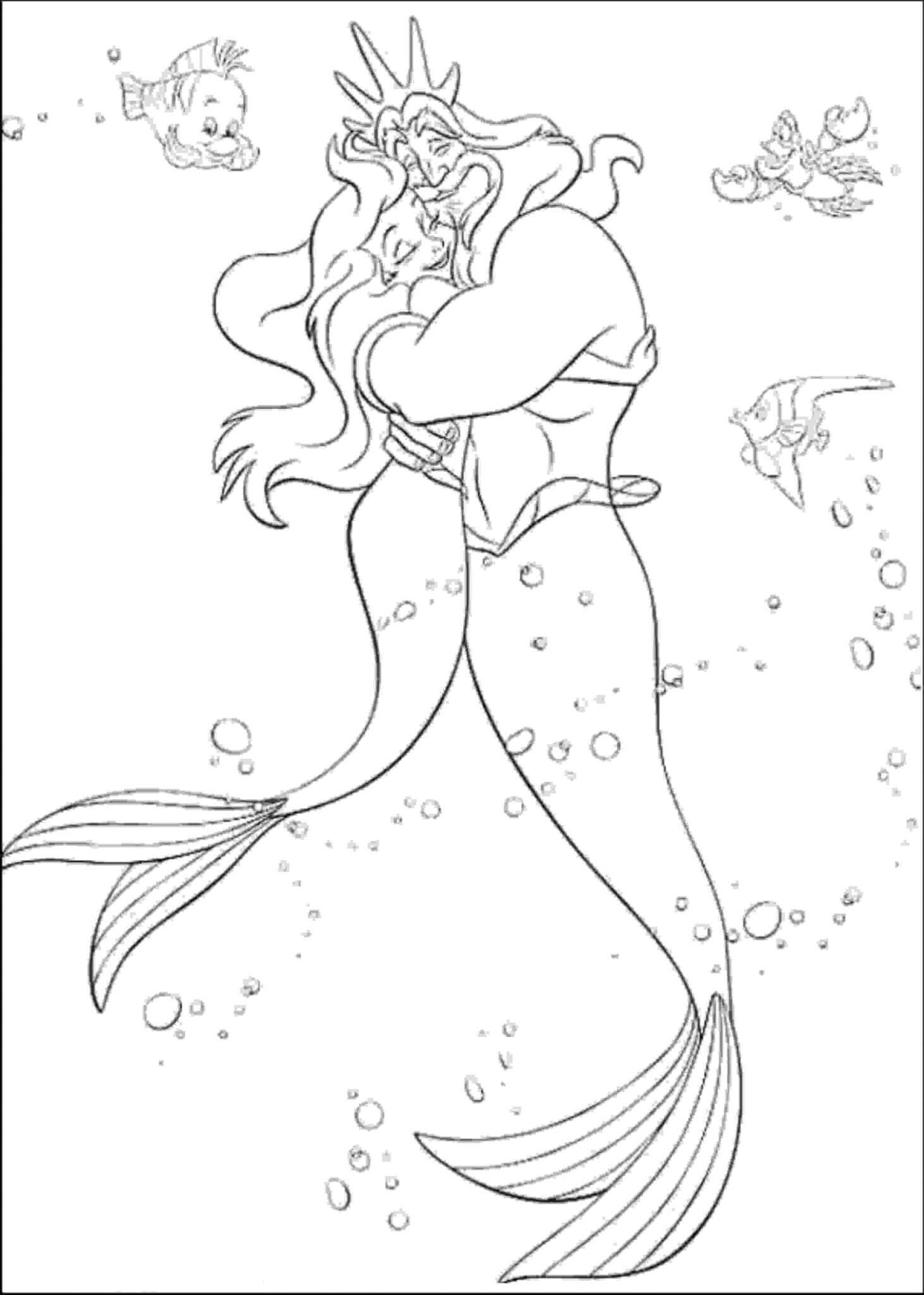 Dibujo de Aquamán Abrazando a La Sirena Ariel para Colorear y Imprimir