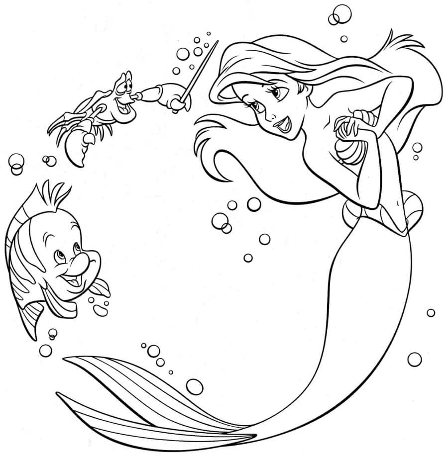 Dibujo de Ariel Con Pescado y Cangrejo para Colorear y Imprimir