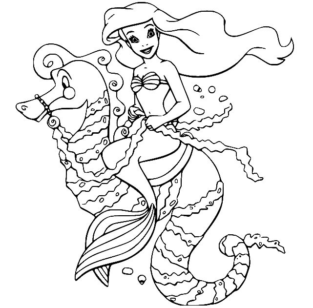 Dibujo de Ariel Sentada En Un Gran Caballito de Mar para Colorear y Imprimir