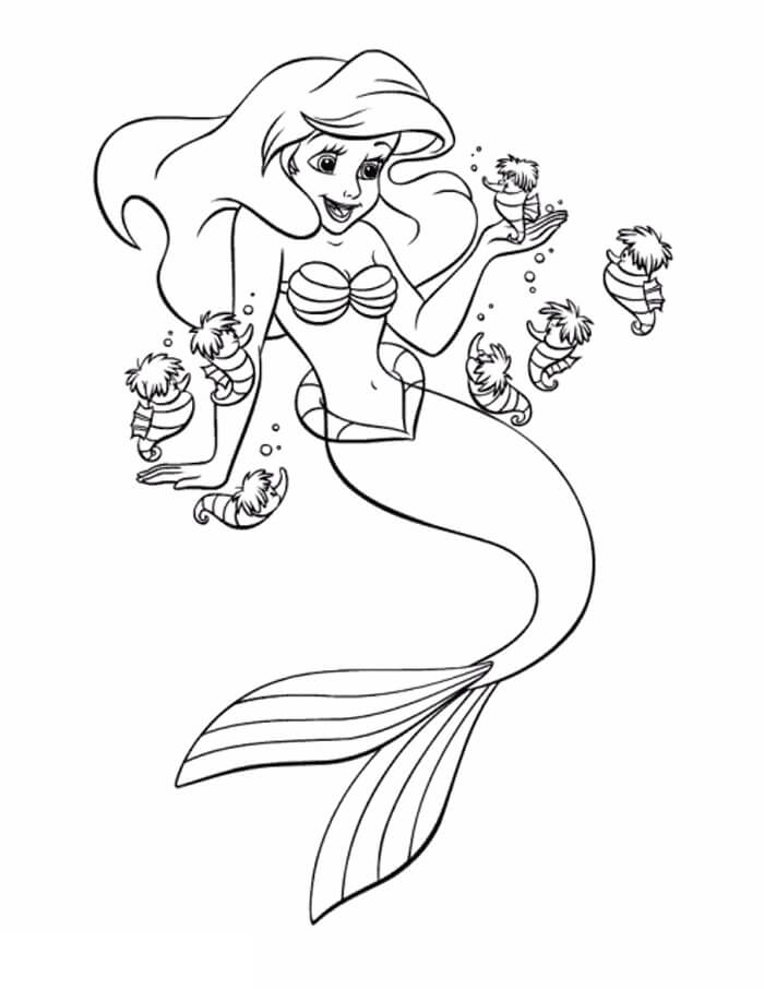 Dibujo de Ariel y Los Caballitos de Mar para Colorear y Imprimir