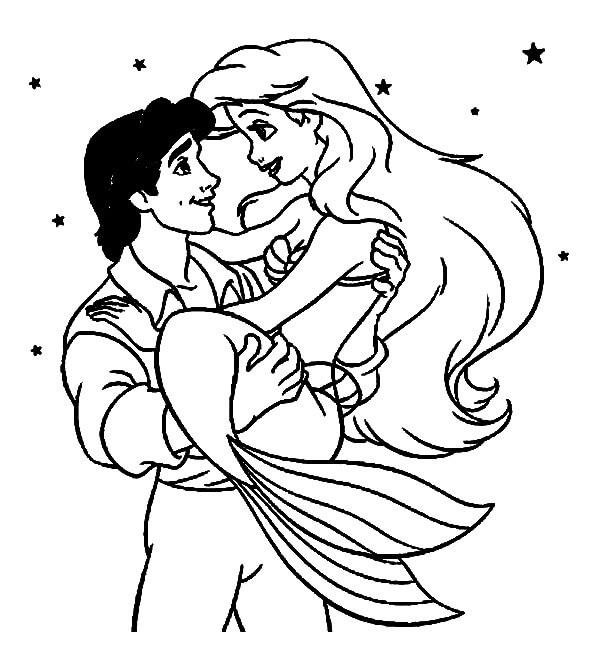 Dibujo de Dibujo Sirena Ariel En Los Brazos de Eric para Colorear y Imprimir