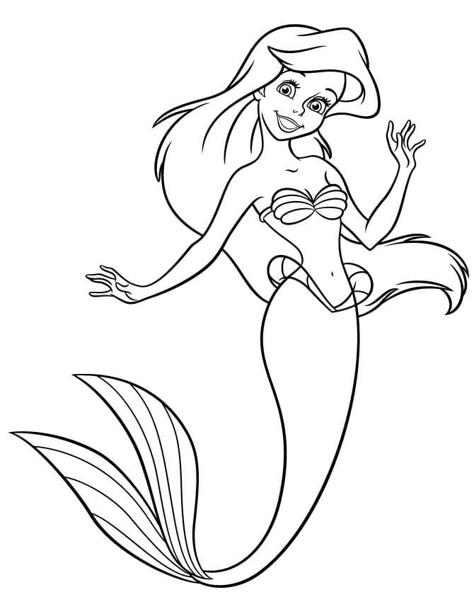 Dibujo de Divertida Sirena Ariel para Colorear y Imprimir