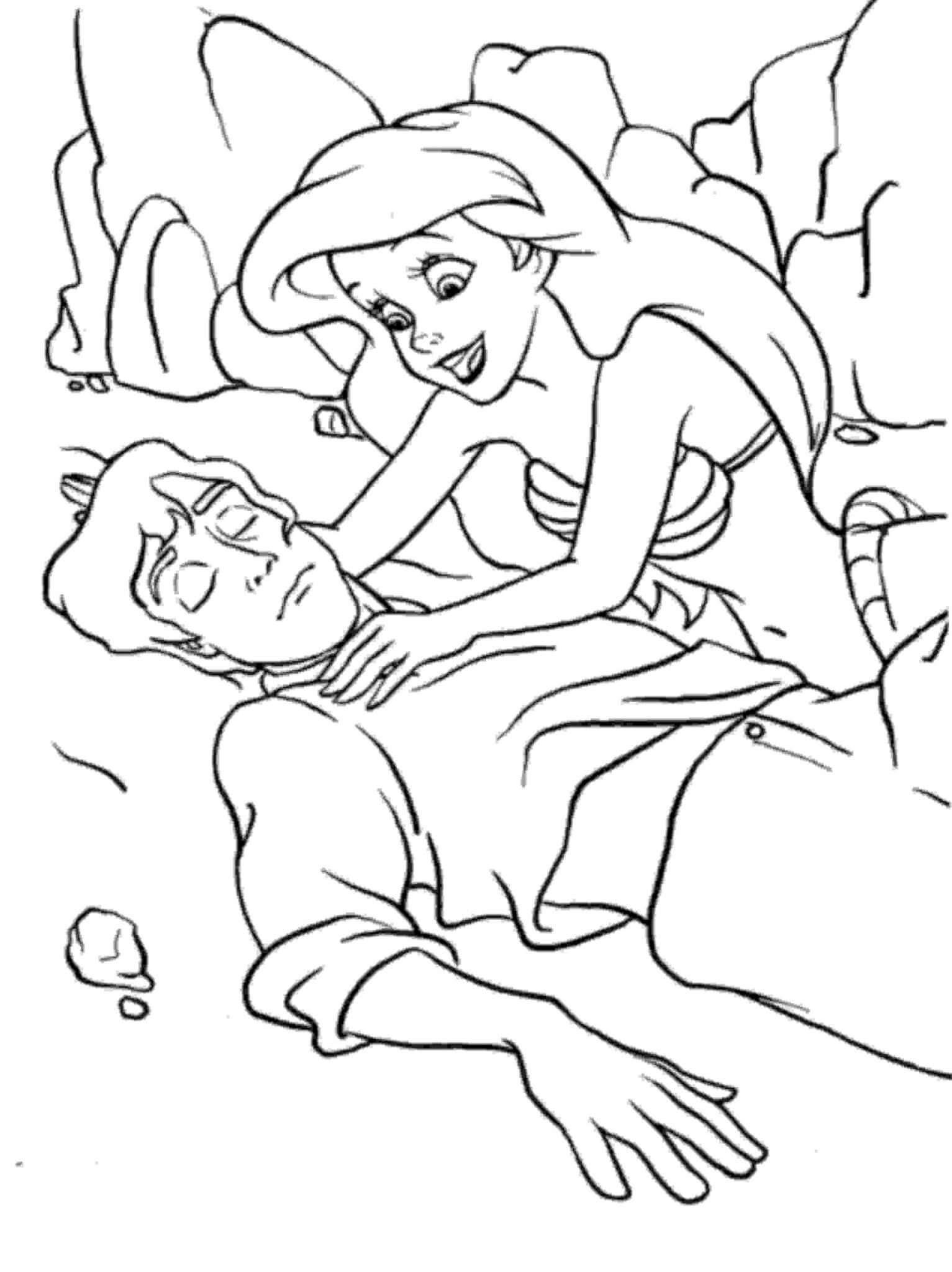 Dibujo de La Sirena Ariel y Eric Sé Están Desmayando para Colorear y Imprimir